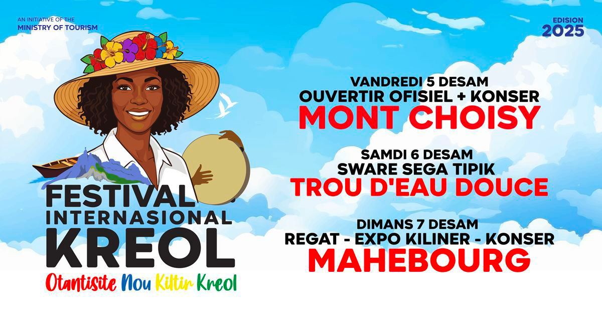 🎭 Le Festival International Kreol se tiendra du 5 au 7 décembre à Maurice

📍 Mont-Choisy → Trou-d'Eau-Douce → Mahébourg 💰 Budget : Rs 10 millions 🎯 Thème : "L'authenticité de nou kilter kreol"

#FestivalKreol #Maurice #CultureCréole