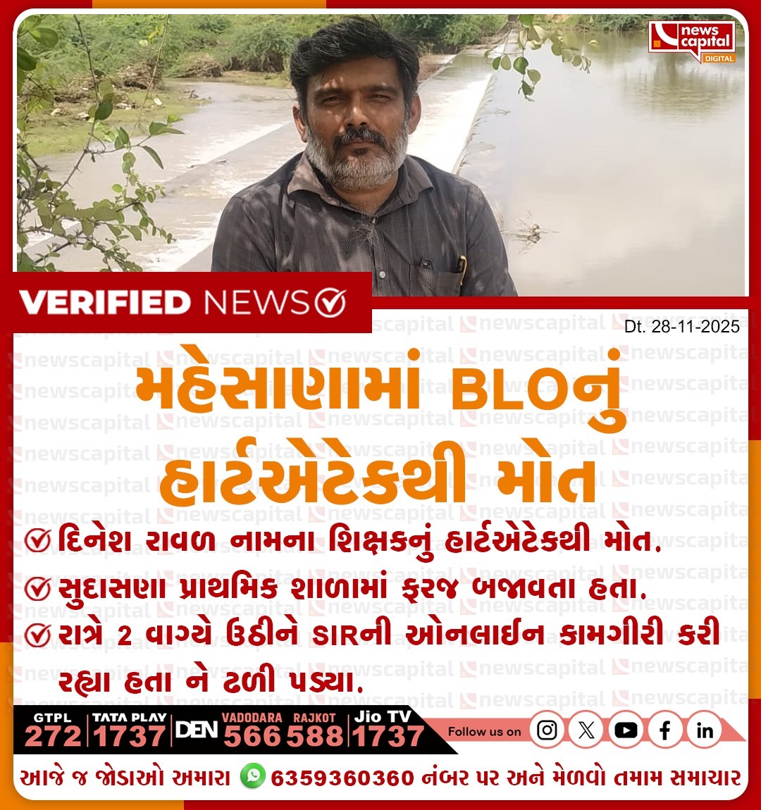 NewsCapitalGJ's tweet photo. મહેસાણામાં BLOનું હાર્ટએટેકથી મોત
#Mahesana #BLOOfficer #HeartAttack #SudasnaSchool #ElectionDutyStress #HeartAttackCase #CurrentNews https://t.co/YDC0Ssv86h