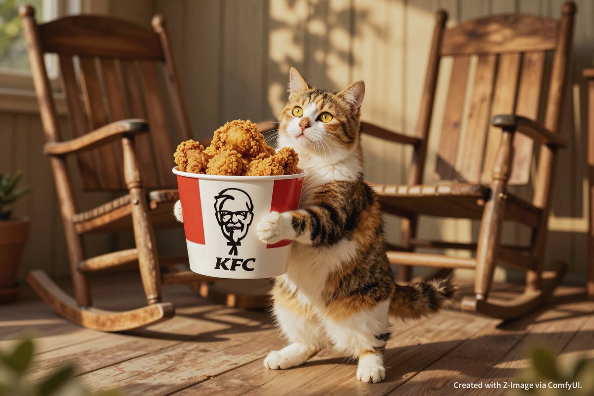 dinkisstyle's tweet photo. A cat discovering true love… in the form of fried chicken. Powered by Z-Image Turbo. 🐱🍗🤣

#ZImage_Turbo #ZImage https://t.co/xYKLVe5V7d