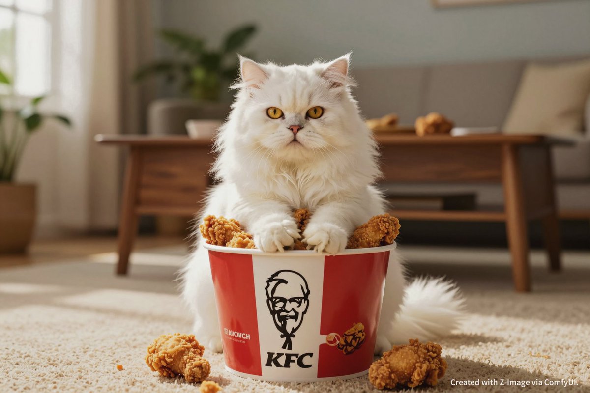 dinkisstyle's tweet photo. A cat discovering true love… in the form of fried chicken. Powered by Z-Image Turbo. 🐱🍗🤣

#ZImage_Turbo #ZImage https://t.co/xYKLVe5V7d