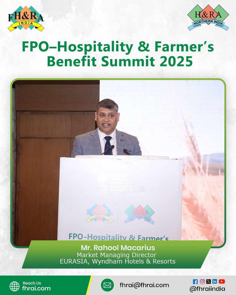 FhraiO's tweet image. An impactful perspective was shared by Rahool Macarius, Market Managing Director – EURASIA, @WyndhamHotels  on how global hospitality brands can contribute to strengthening India’s agri–#hospitality ecosystem. 

#RuralEmpowerment #ChefCommunity #HotelProcurement  #Fhrai