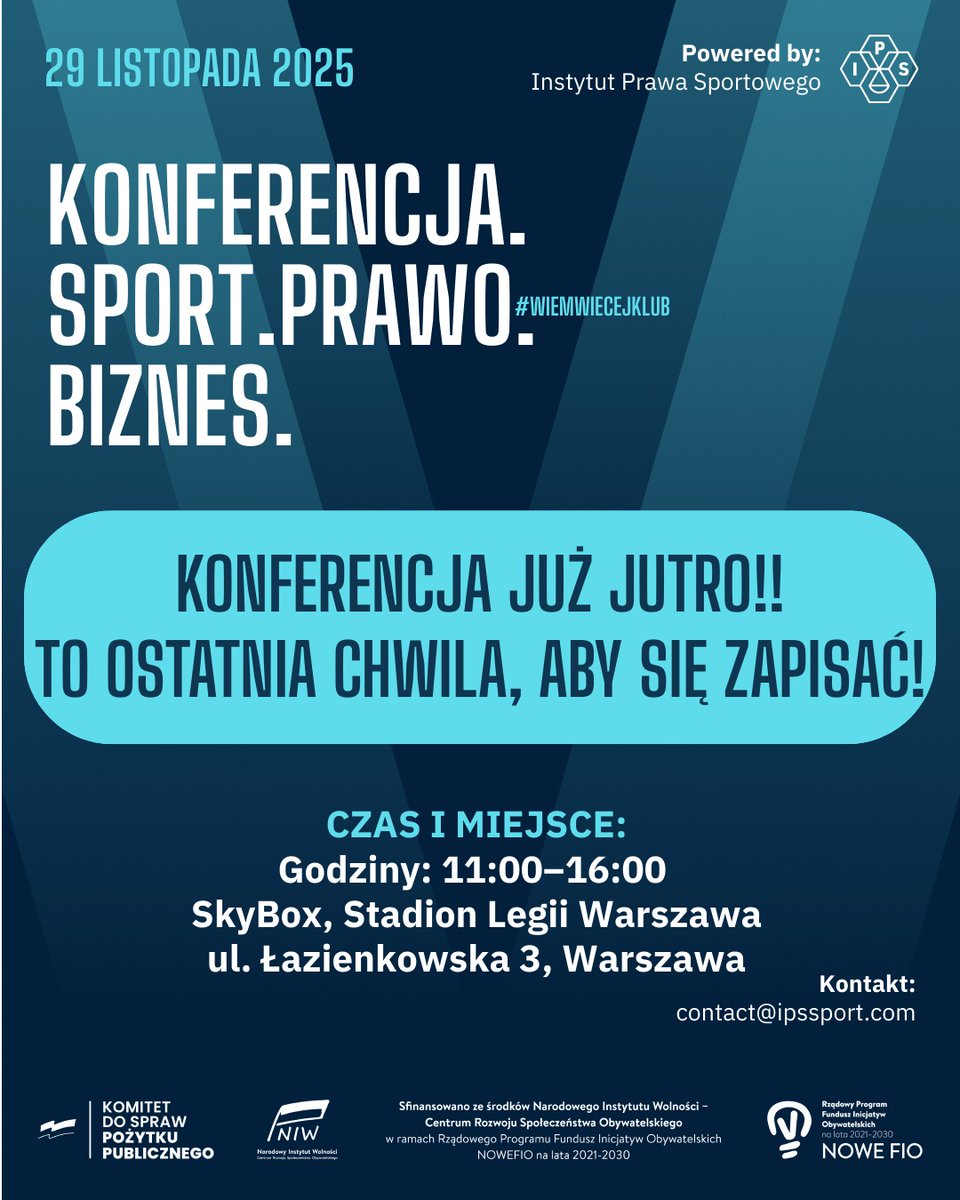 IPS_Sport's tweet photo. To już jutro! 🔥 Ostatnia szansa, żeby zapisać się na konferencję SPORT.PRAWO.BIZNES.

Jeśli działasz w sporcie, zarządzasz klubem, tworzysz kontrakty albo odpowiadasz za akademię - to wydarzenie powinno być w Twoim kalendarzu. https://t.co/9sLMLcC2jD