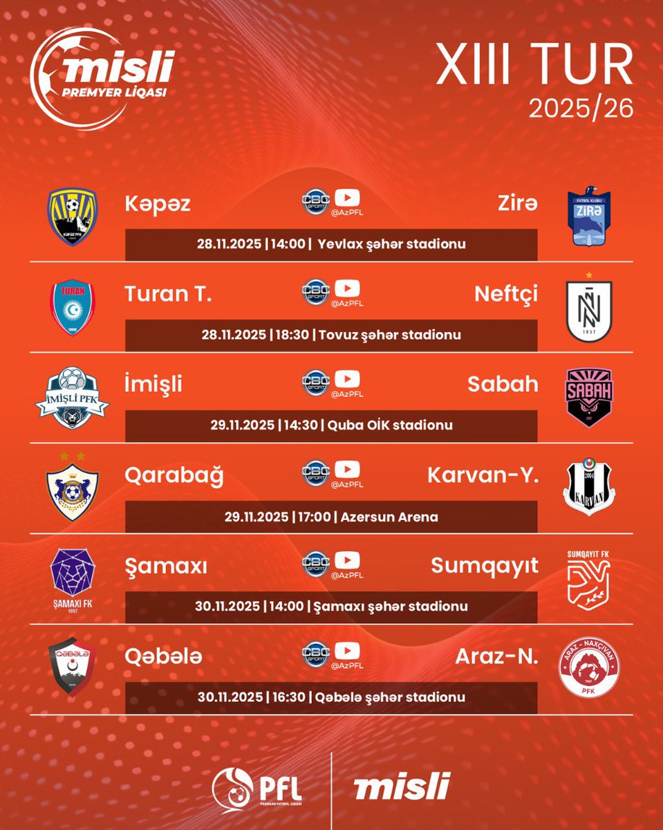Az_PFL's tweet image. Misli Premyer Liqasında 1️⃣3️⃣-cü turun oyun cədvəli 🗓️

📺 Bütün oyunları “AzPFL” yutub kanalından canlı olaraq izləyə bilərsiniz.

#azpfl #pfl #mislipremyerliqası