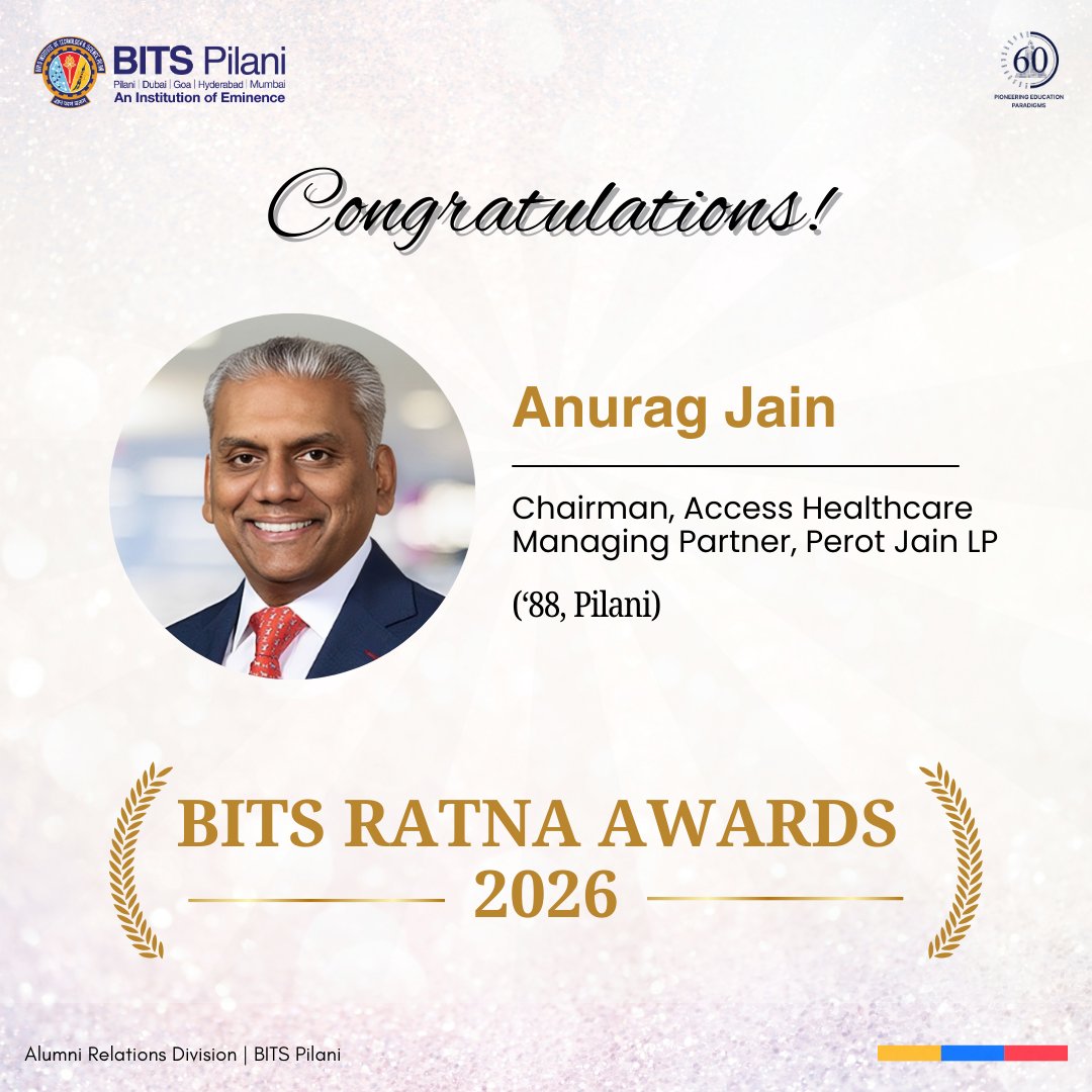 🎉 Congratulations to Mr Anurag Jain for receiving the BITS Ratna Award 2026! 🎉 

<a href="/bitspilaniindia/">BITS Pilani</a> <a href="/BITSPilaniGoa/">BITS Pilani, Goa</a> <a href="/BITSPilaniDubai/">BITS Pilani Dubai</a>
<a href="/BITSAA/">BITSAA International</a> <a href="/bitshyd/">BITS Hyderabad</a> <a href="/BITSPilani_WILP/">BITS Pilani WILP</a>

#InspiringExcellence #BITSian #BITSForever #BITSRatna2026 #BITSPilani
