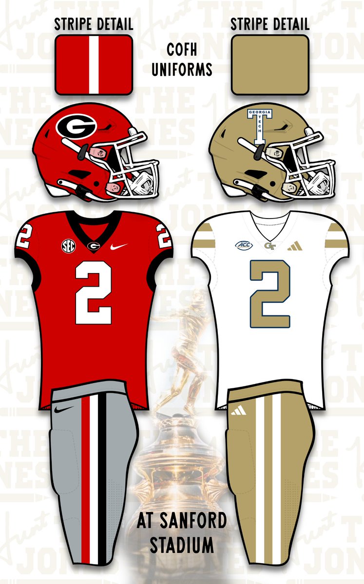 HuntTheJones's tweet photo. As for COFH, Red vs. Gold. Every year.

Obviously UGA in Red at Sanford. Tech should absolutely make UGA wear White in Atlanta, it's a rivalry after all.

The Tech throwback helmet needs to be the permanent look for this game, too. #UniformTwitter https://t.co/yzoGluoJEc