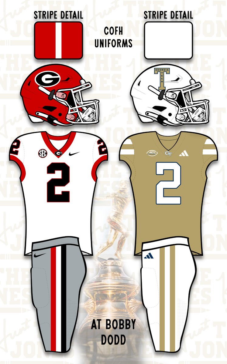 HuntTheJones's tweet photo. As for COFH, Red vs. Gold. Every year.

Obviously UGA in Red at Sanford. Tech should absolutely make UGA wear White in Atlanta, it's a rivalry after all.

The Tech throwback helmet needs to be the permanent look for this game, too. #UniformTwitter https://t.co/yzoGluoJEc