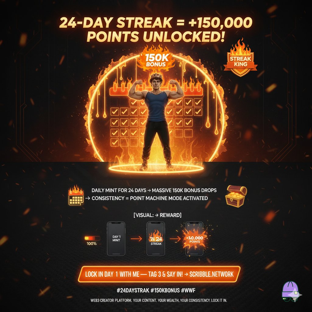 𝟚𝟜-𝔻𝔸𝕐 𝕊𝕋ℝ𝔼𝔸𝕂 𝕌ℕ𝕃𝕆ℂ𝕂𝔼𝔻 𝕆ℕℂ𝔼 𝕄𝕆ℝ𝔼!

Once again, happy weekend. buddies.

I recently completed 24 more days of daily <a href="/scribble_dao/">Scribble.fren</a> minting, 

and the bonus dropped by 150k points!

I became a point machine because of my consistency.

Right now, who's