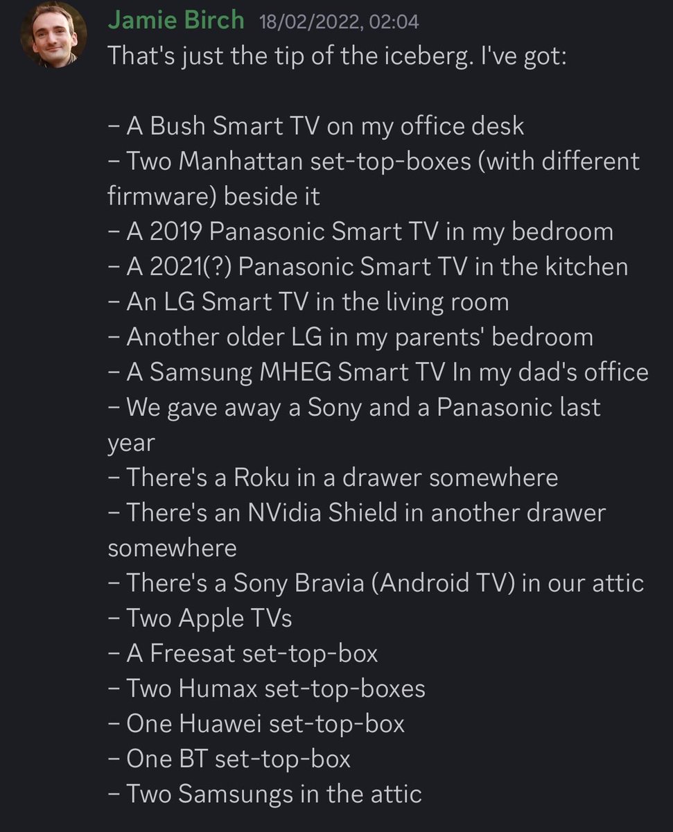 birch_js's tweet image. As a former Smart TV dev, I can only think it’s a blessing that these devices can all fit on one desk