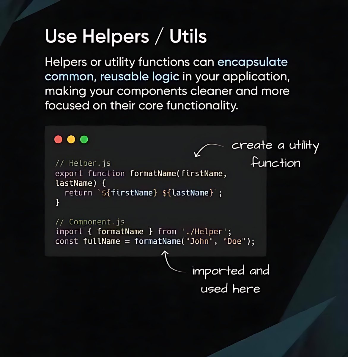 11xcoder's tweet image. ⚛️ Take Your React Code to the Next Level!

Are you writing good React, or great React? True mastery of component-based architecture lies in clean organization, smart performance gains, and bulletproof error handling🚀

#ReactJS #FrontendDevelopment #WebDevTips #CodeQuality