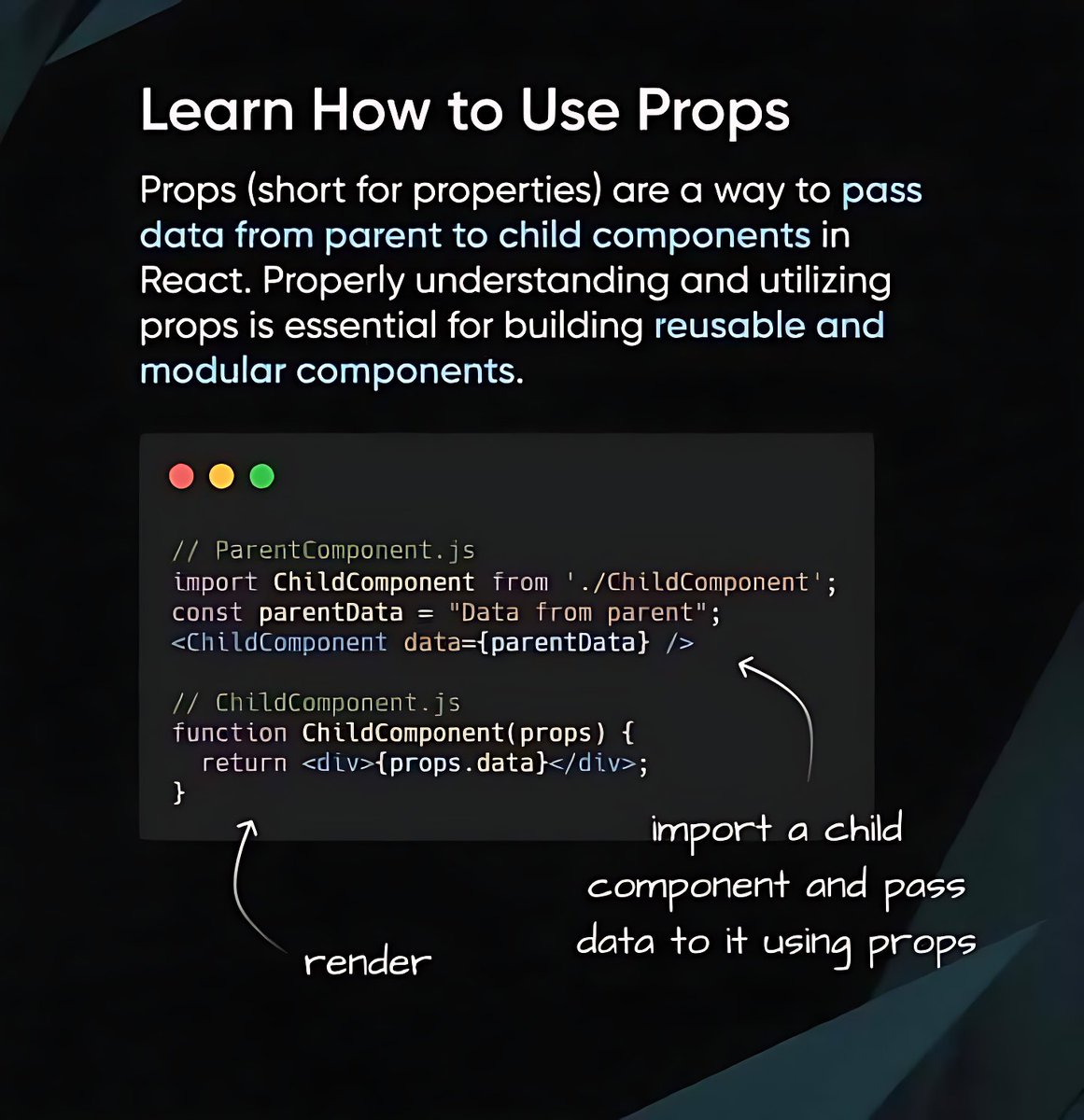 11xcoder's tweet image. ⚛️ Take Your React Code to the Next Level!

Are you writing good React, or great React? True mastery of component-based architecture lies in clean organization, smart performance gains, and bulletproof error handling🚀

#ReactJS #FrontendDevelopment #WebDevTips #CodeQuality