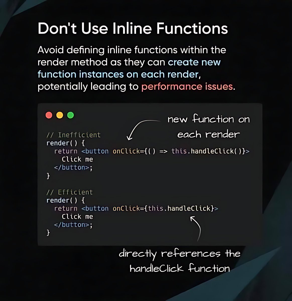 11xcoder's tweet image. ⚛️ Take Your React Code to the Next Level!

Are you writing good React, or great React? True mastery of component-based architecture lies in clean organization, smart performance gains, and bulletproof error handling🚀

#ReactJS #FrontendDevelopment #WebDevTips #CodeQuality