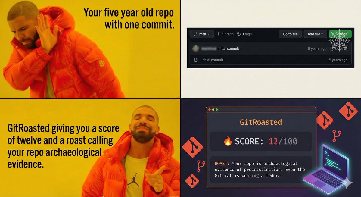 GitRoasted0's tweet image. Try GitRoasted: gitroasted.netlify.app

It roasts your GitHub so hard even your commits start apologizing.