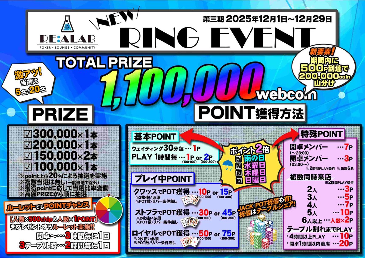 🎉✨ 12月スケジュール公開✨🎉
12月はRE:ALABのトーナメントイベントもリングイベントも激アツ🔥
:
① 12月前半トナメスケジュール公開🗓
→ イベントも併せてお得にシート量産チャンス‼️
:
② 12月トーナメントイベント（12/1〜12/29）
💎 総額 300,000 Webcoin 抽選‼️