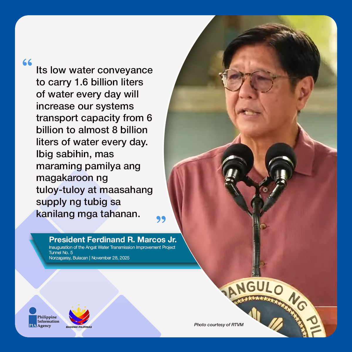PIADesk's tweet image. Sa inagurasyon ng Angat Tunnel No. 5, binigyang-diin ni Pangulong Marcos Jr. ang pagpapalakas ng water system para sa halos 20 milyong residente—isang mahalagang hakbang para sa tuloy-tuloy at matatag na suplay sa gitna ng banta ng tagtuyot at climate change. #ISM