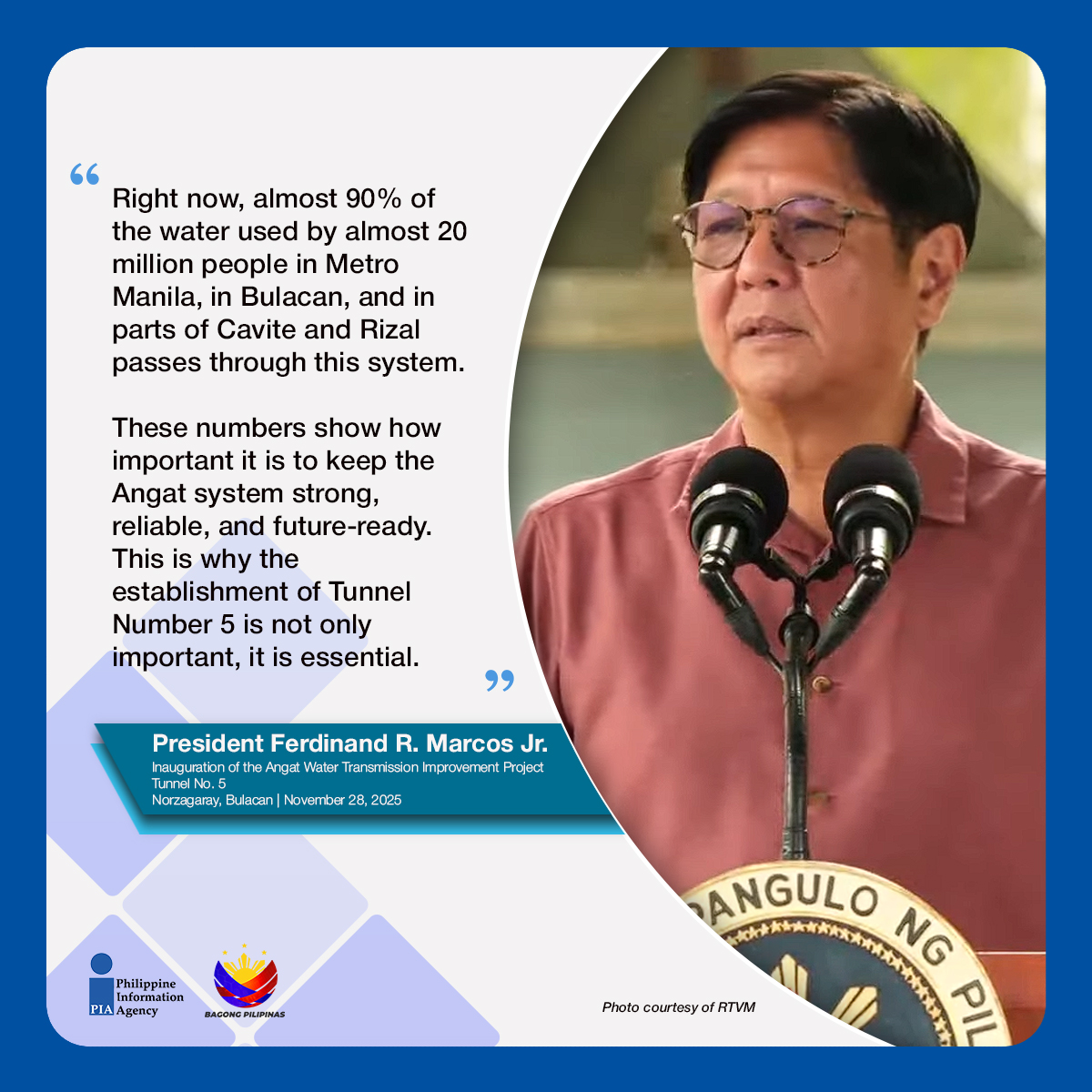 PIADesk's tweet image. Sa inagurasyon ng Angat Tunnel No. 5, binigyang-diin ni Pangulong Marcos Jr. ang pagpapalakas ng water system para sa halos 20 milyong residente—isang mahalagang hakbang para sa tuloy-tuloy at matatag na suplay sa gitna ng banta ng tagtuyot at climate change. #ISM