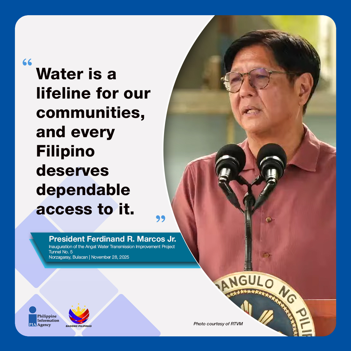 PIADesk's tweet image. Sa inagurasyon ng Angat Tunnel No. 5, binigyang-diin ni Pangulong Marcos Jr. ang pagpapalakas ng water system para sa halos 20 milyong residente—isang mahalagang hakbang para sa tuloy-tuloy at matatag na suplay sa gitna ng banta ng tagtuyot at climate change. #ISM