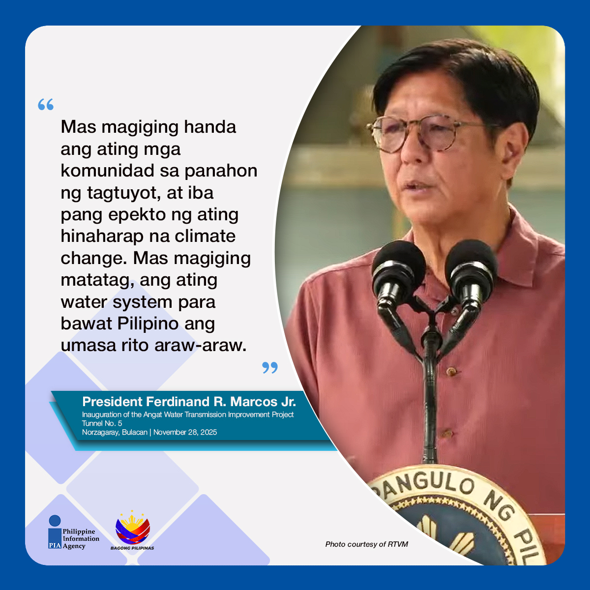 PIADesk's tweet image. Sa inagurasyon ng Angat Tunnel No. 5, binigyang-diin ni Pangulong Marcos Jr. ang pagpapalakas ng water system para sa halos 20 milyong residente—isang mahalagang hakbang para sa tuloy-tuloy at matatag na suplay sa gitna ng banta ng tagtuyot at climate change. #ISM