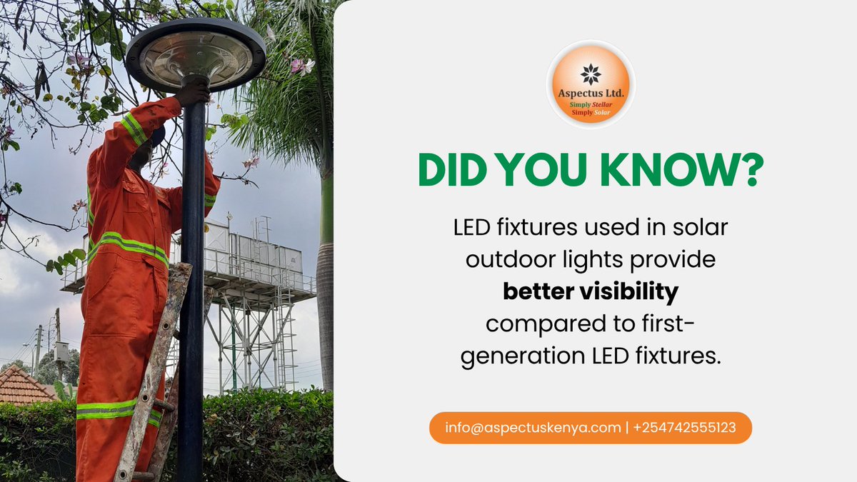 AspectusKenya's tweet image. Modern LED fixtures in solar lights provide better visibility than first-generation LEDs! ✨

Upgrade your outdoor lighting today.
📞 +254-742-555-123 
📧 info@aspectuskenya.com
🌐 aspectuskenya.com

#AspectusLtd #SolarLights #ledlightingsolutions