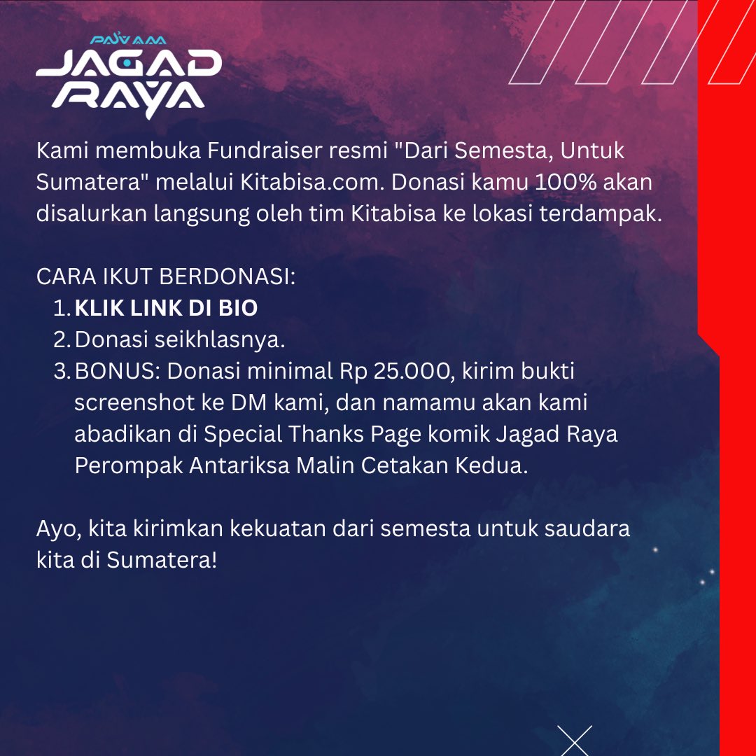 ShaniBudi's tweet photo. Teman-teman, kami dari tim @ceritajagadraya membuka halaman donasi di @kitabisacom untuk membantu saudara-saudara kita di Sumatera.

Jika ingin ikut berdonasi bisa melalui link ini ya: https://t.co/FNN29fmQSd

Terima kasih. https://t.co/4NCXdX9DWA