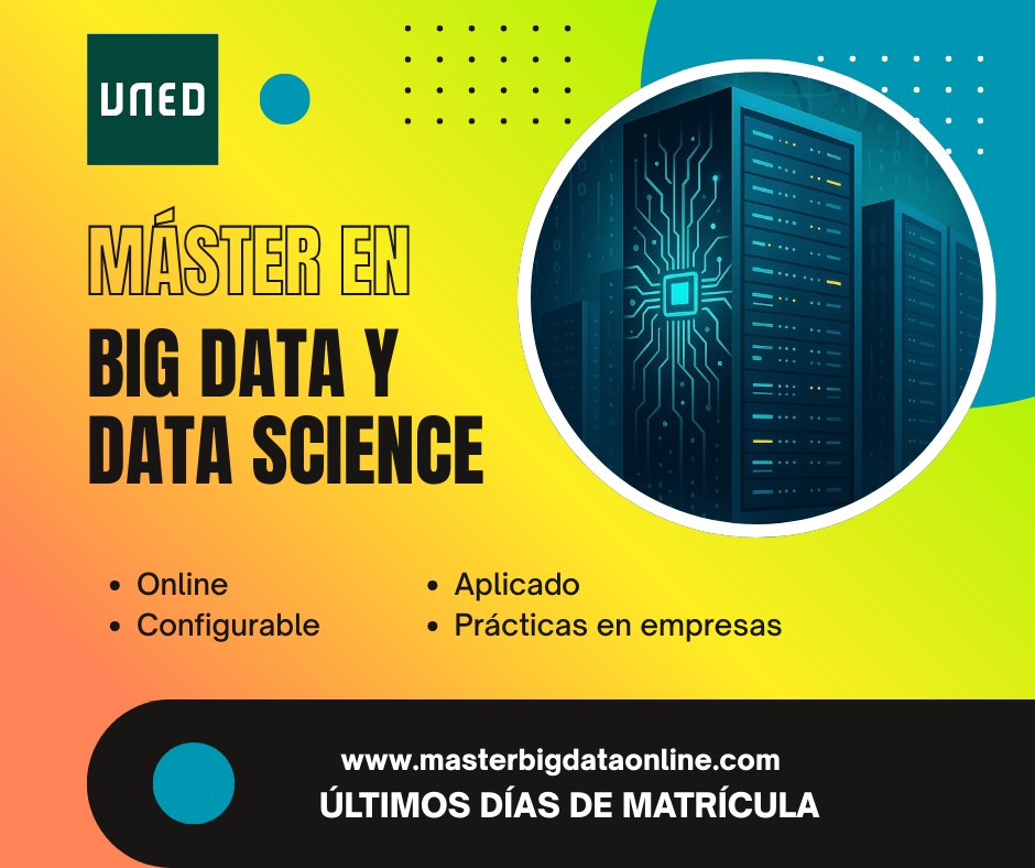 bigdatauned's tweet image. Últimos días de matrícula: Máster en Big Data y Data Science - UNED.
Programa modular, configurable, con los mejores expertos y prácticas en empresas tecnológicas líderes.
🔗 masterbigdataonline.com
#bigdata #datascience #Estadista #machinelearning #deepcleaning @FundacionUNED