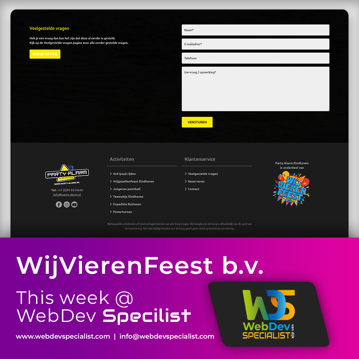 webdevspecial's tweet image. Deze week @ WebDevSpecialist
Optimalisaties Viking Cable, start bouw TCAM Services, grote KvK en btw update voor WijVierenFeest en nieuwe functies in Mythril CMS. Nieuwe QA pakketten gelanceerd.
#webdevelopment #php #seo #eindhoven #weert