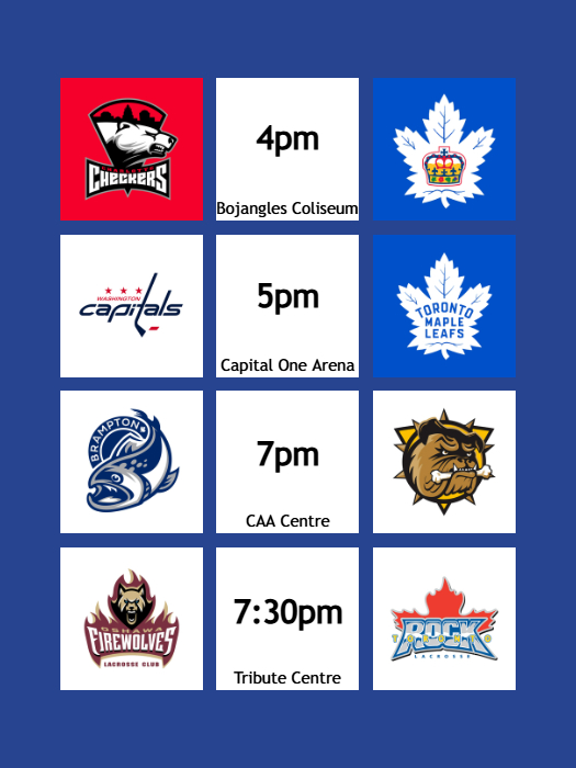 SportingTDot's tweet image. 📅GAMEDAY📅

🏒 @TorontoMarlies at 4pm (Bojangles Coliseum)
🏒 @MapleLeafs at 5pm (Capital One Arena)
🏒 @OHLSteelheads at 7pm (CAA Centre)
🥍 @TorontoRockLax 7:30pm (Tribute Communities Centre)

#TorontoSports #LongLive #LeafsForever #UnitedInBlue #RockCity