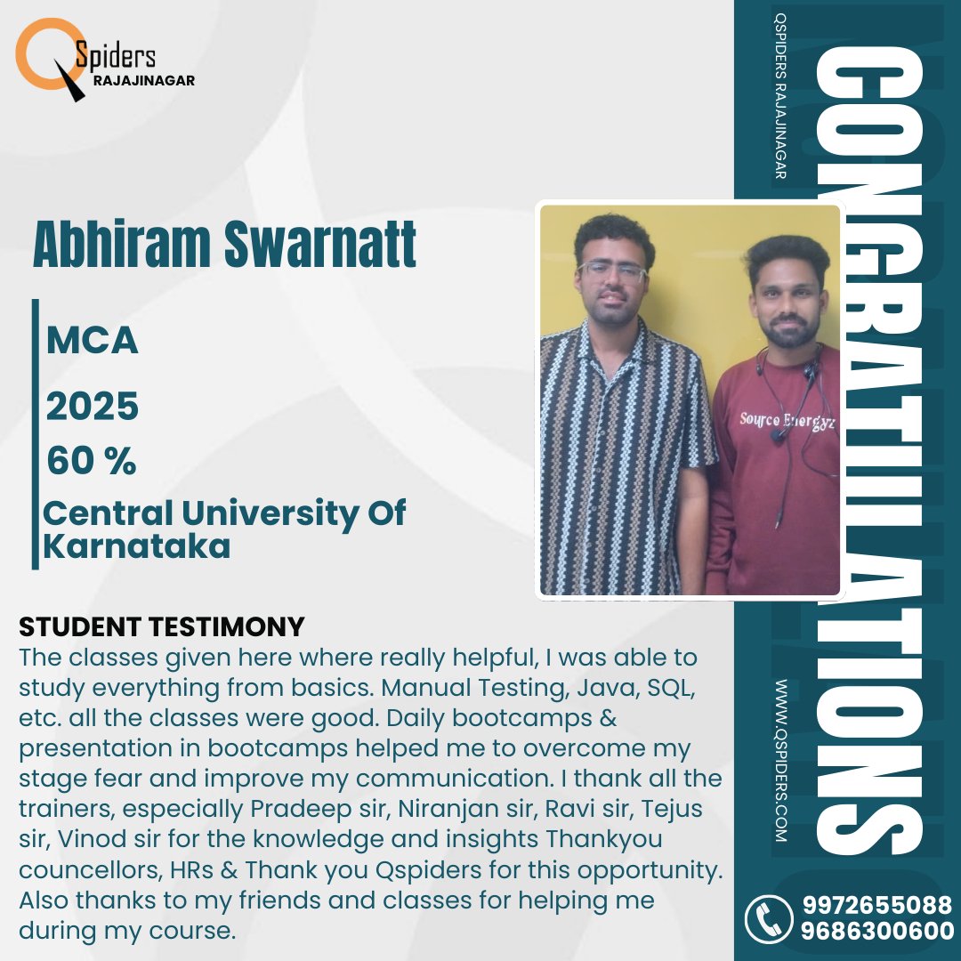 QRajajinagar's tweet image. 🌟 A proud moment at QSpiders Rajajinagar!
Congratulations to Abhiram Swarnatt (MCA, 2025) #TrainingAndPlacement #ManualTesting #JavaLearning #SkillDevelopment #TechCareer #MotivationForStudents #AchievementUnlocked #CampusToCorporate #ITTraining #SoftwareCareer #FutureEngineer