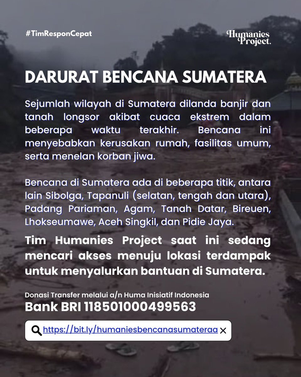 humaniesproject's tweet image. ‼️Bantu Saudara Kita yang Terdampak. ‼️

Tim Humanies Project membuka bantuan kemanusiaan untuk warga yang terdampak. Setiap kontribusi Anda sangat berarti bagi perjalanan pemulihan mereka.

Donasi dapat disalurkan melalui:
Link: bit.ly/humaniesbencan…
Bank BRI: 118501000499563…