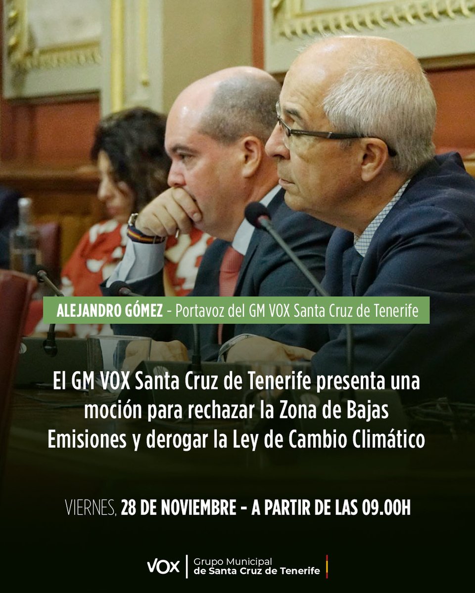 Vox_SCTenerife's tweet photo. VOX en Santa Cruz de Tenerife lleva a Pleno 👉🏻 rechazar la Zona de Bajas Emisiones y derogar la Ley de Cambio Climático
#STOPZBE @alexgomezrod @SosaTolosa https://t.co/yC4GPCrWTF