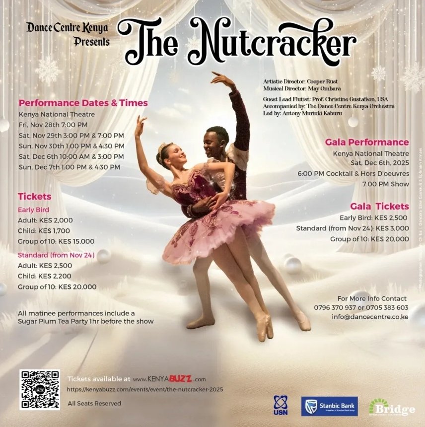 Sherehe_Plug's tweet image. 🎄 #Nairobi #Performance

The #Nutcracker by @dancecentreKE  Nairobi’s favourite Christmas tradition!

🗓️ Nov 28–30 &amp;amp; Dec 6–7
📍 Kenya National Theatre, @CultureCentreKE
🎟️ Adult 2500 | Child 2200 | Group (10) 20000
🔗 kenyabuzz.com/events/event/t…
@KenyaBuzz

#SherehePlug #Musical