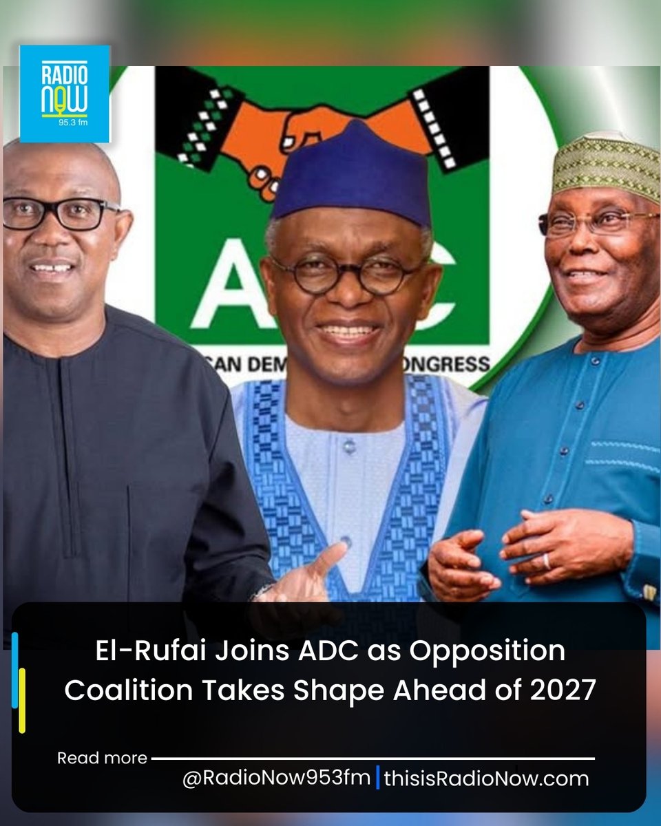 RadioNow953FM's tweet image. Former Kaduna governor Mallam Nasir El-Rufai has formally joined the African Democratic Congress after departing the Social Democratic Party.  ThisisRadioNow.com

#adc #election2027 #presidentialrace