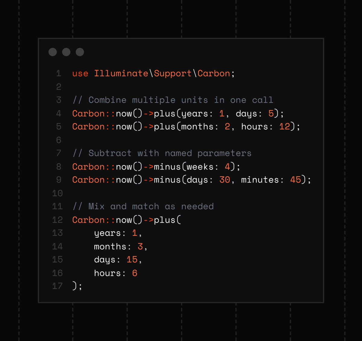 codewolfy_com's tweet image. Laravel 12.40 makes date manipulation cleaner!

No more chaining -&amp;gt;addYears()-&amp;gt;addDays()-&amp;gt;addHours()! 
Clean, readable date math with named parameters ✨

#Laravel #PHP