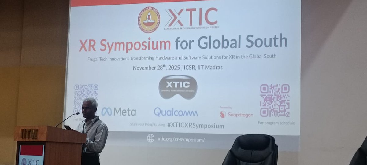 XticIITM's tweet image. “XTIC partners with PSUs like ISRO, SAIL, IOCL &amp;amp; HIL to transform skill training and workforce safety — showcasing how Indian XR research strengthens national capability and industrial excellence.”

— Prof. M. Manivannan, Principal Investigator, XTIC

#XTICXRSymposium @IITMadras