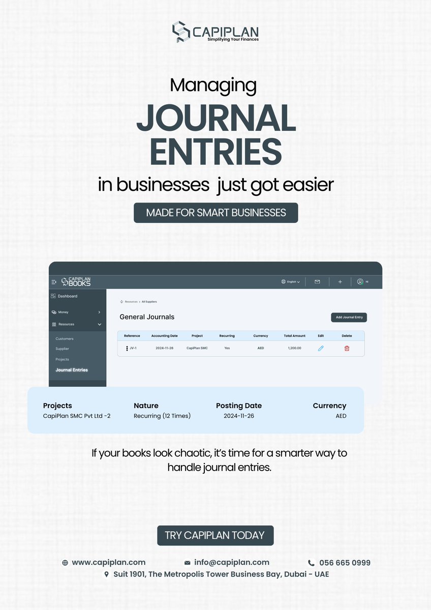 CapiPlan's tweet image. If your books look chaotic, it’s time for a smarter way to handle journal entries.
Say hello to CapiPlan Journal Entries!
Your new accounting sidekick!
Join now and get exclusive deals: capiplan.com

#AccountingMadeEasy #BusinessGrowth #CapiPlan #SmartFinance