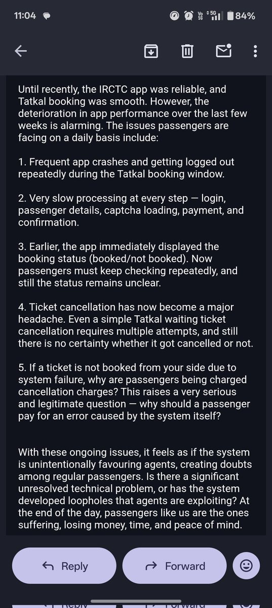 triad_ved's tweet photo. For the past 2 months, IRCTC app has become unusable, crashes in Tatkal, slow processing, unclear booking status &amp; ticket cancellations failing.
Worse, the responsible authorities aren’t acknowledging emails.

@RailMinIndia @IRCTCofficial @RailwaySeva @RailMadad @AshwiniVaishnaw https://t.co/hZwmyEMSKl