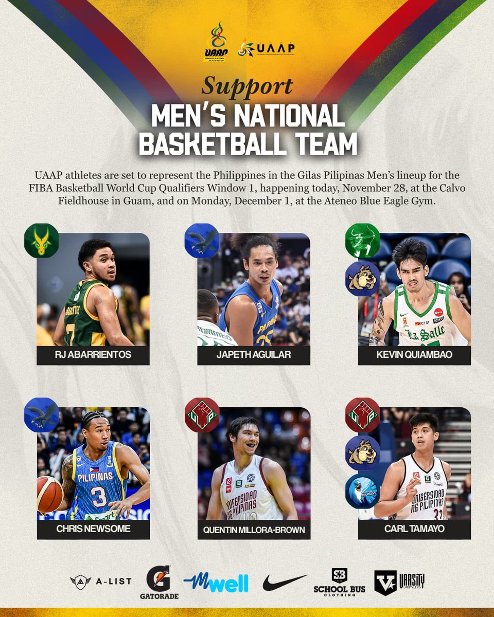 Let’s support our UAAP athletes and the Gilas Men’s Basketball Team as they face Guam in the FIBA Basketball World Cup Qualifiers Window 1 later at the Calvo Fieldhouse in Guam, and on Monday, December 1, at the Ateneo Blue Eagle Gym.
#StrengthInMotionHopeInAction