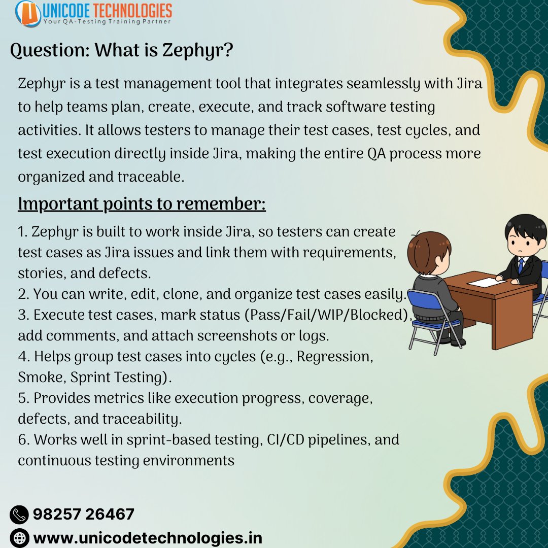 hrunicode's tweet image. Zephyr is a powerful test management tool that integrates directly with Jira ⚙️✔️
It helps QA teams create, execute &amp;amp; track test cases with complete traceability.
A must-have tool for Agile &amp;amp; CI/CD environments!
🔗 Learn more: unicodetechnologies.in
📞 98257 26467
#Zephyr