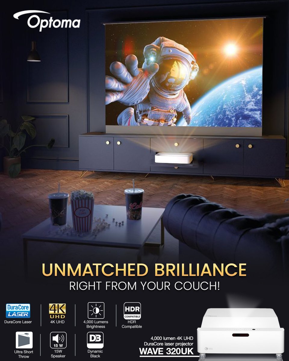 Transform your living room into a cinematic universe.
Optoma WAVE 320UK brings stunning 4K UHD clarity, 4,000-lumen brightness and ultra-short-throw convenience—right from your couch.
Experience larger-than-life movies, gaming and entertainment with unmatched brilliance.