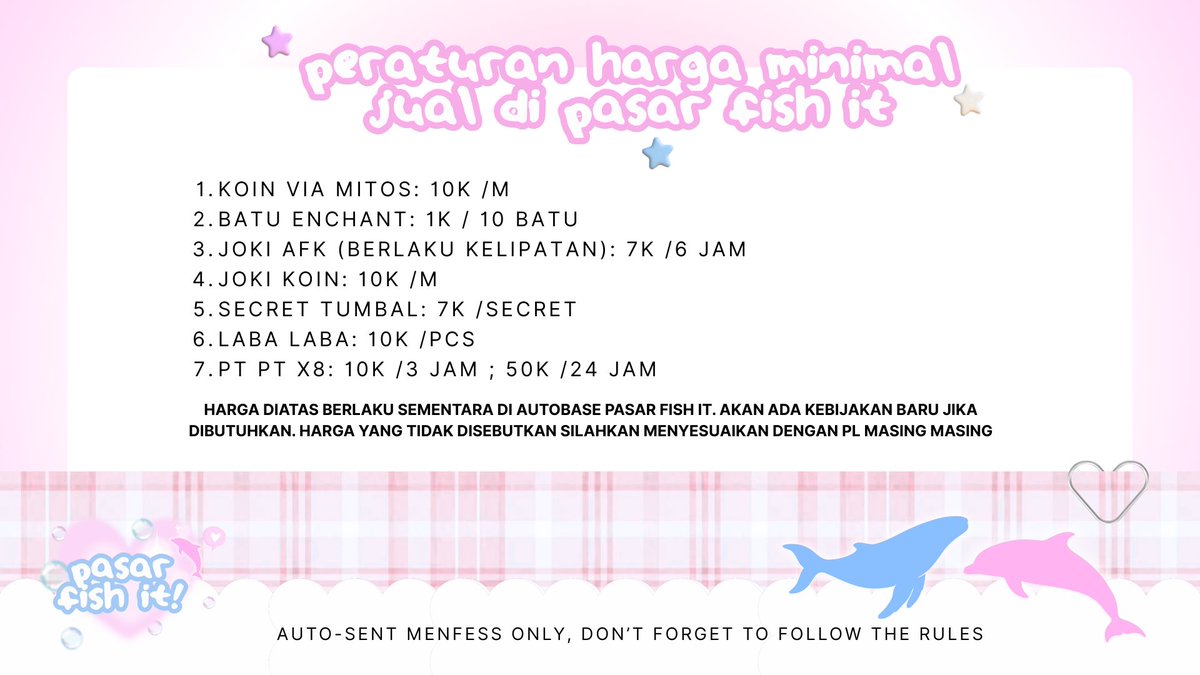 pasarfishit's tweet image. berikut untuk peraturan harga minimal jual di auto base @pasarfishit jadi selama temen temen BA mengirimkan dagangannya di auto base kami, diharapkan mematuhi peraturan harga minimal yang telah kami siapkan sesuai dengan form dan polling kemarin