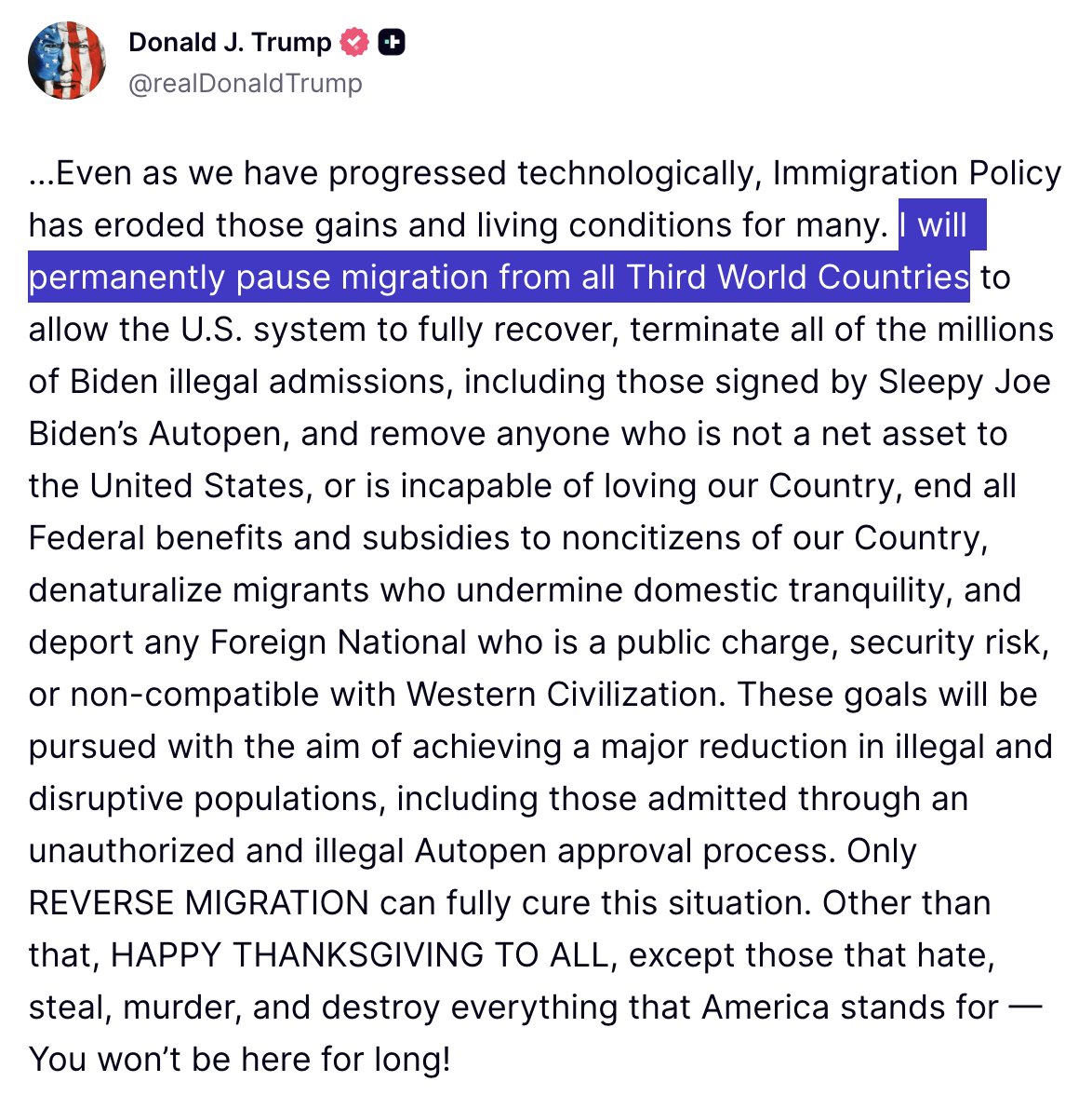 LarryMadowo's tweet image. OVERNIGHT: President Trump announces plans to permanently pause migration from all &quot;third world countries&quot;