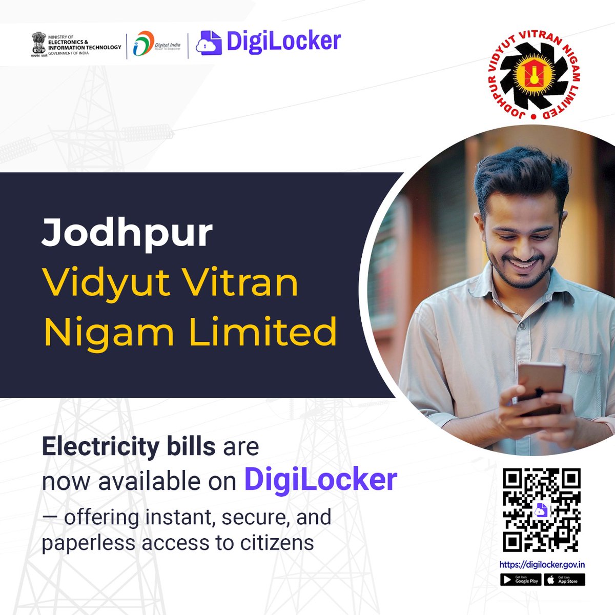 digilocker_ind's tweet image. Jodhpur Vidyut Vitran Nigam Limited (JDVVNL) electricity bills are now available on DigiLocker, offering citizens instant, secure, and paperless access. Empowering citizens with convenience and digital efficiency. 
#digitalindia #DigiLocker #jodhpur #vidyut #rajasthan