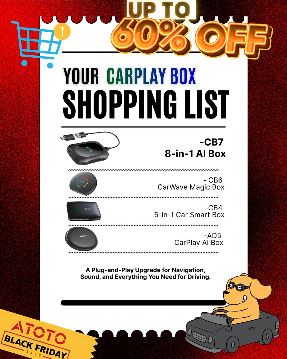 The 𝐂𝐚𝐫𝐏𝐥𝐚𝐲 𝐁𝐨𝐱 𝐜𝐨𝐥𝐥𝐞𝐜𝐭𝐢𝐨𝐧   — wireless CP/AA, AI voice, HDMI, or GPS… we’ve got the perfect box for you:
🔥𝐔𝐩 𝐭𝐨 𝟔𝟎% 𝐎𝐅𝐅 𝐧𝐨𝐰 ! 
CODE: AVCYUV8G
bit.ly/47XJUQL

#blackfriday #BuildwithATOTO #CarMods #CarPlay #AndroidAuto #deal  #carplaybox