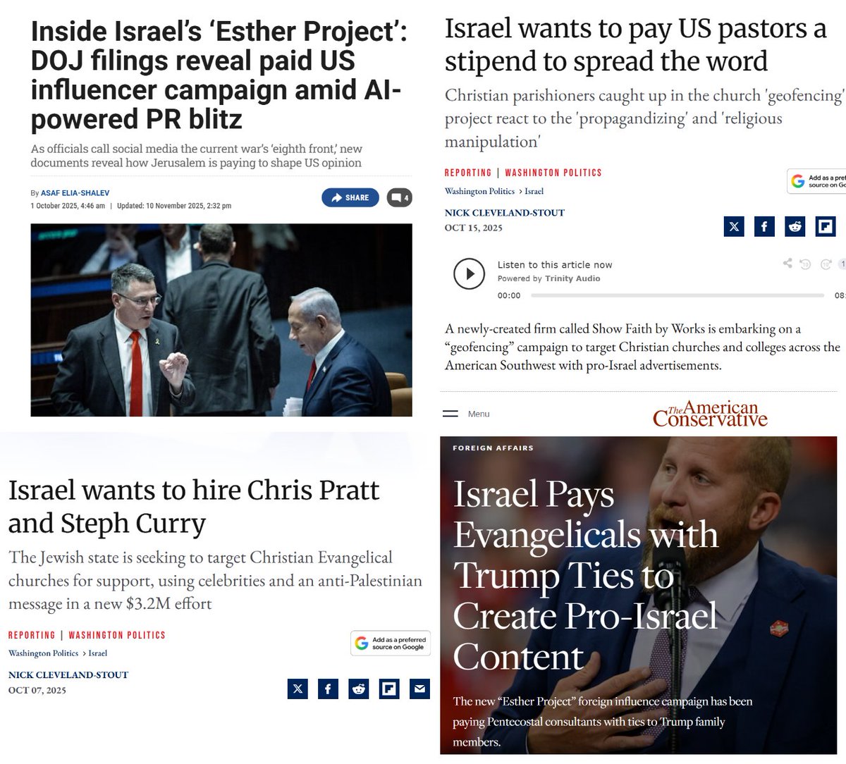 <a href="/ericmetaxas/">Eric Metaxas</a> <a href="/REVWUTRUTH/">John K. Amanchukwu Sr.</a> <a href="/tpusafaith/">TPUSA Faith</a> Follow the shekels 🤑🤑🤑

Americans send billions to Israel, and Israel uses that money to run influence campaigns inside the U.S. Think about that feedback loop for a second. 🫠