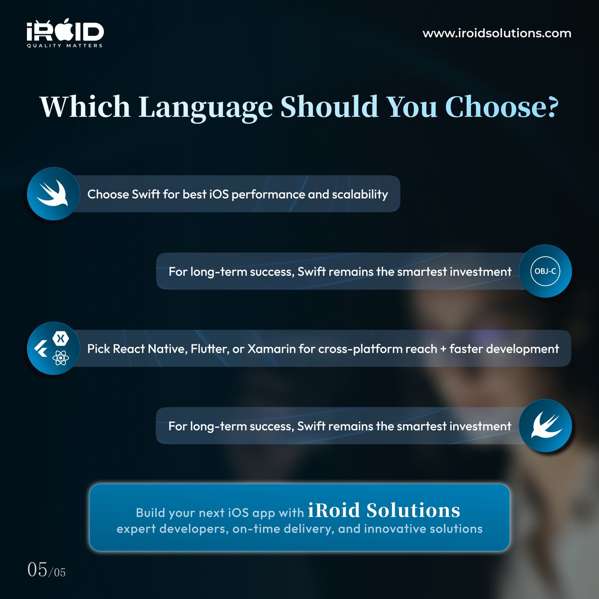 weareiroid's tweet image. Swift leads iOS development in 2025-26, fast, secure, future-ready.

Cross-platform? Try Flutter or React Native.
Ready to build your app?

iroidsolutions.com

#iOSDevelopment #Swift #AppDevelopment #iroidsolutions #programming