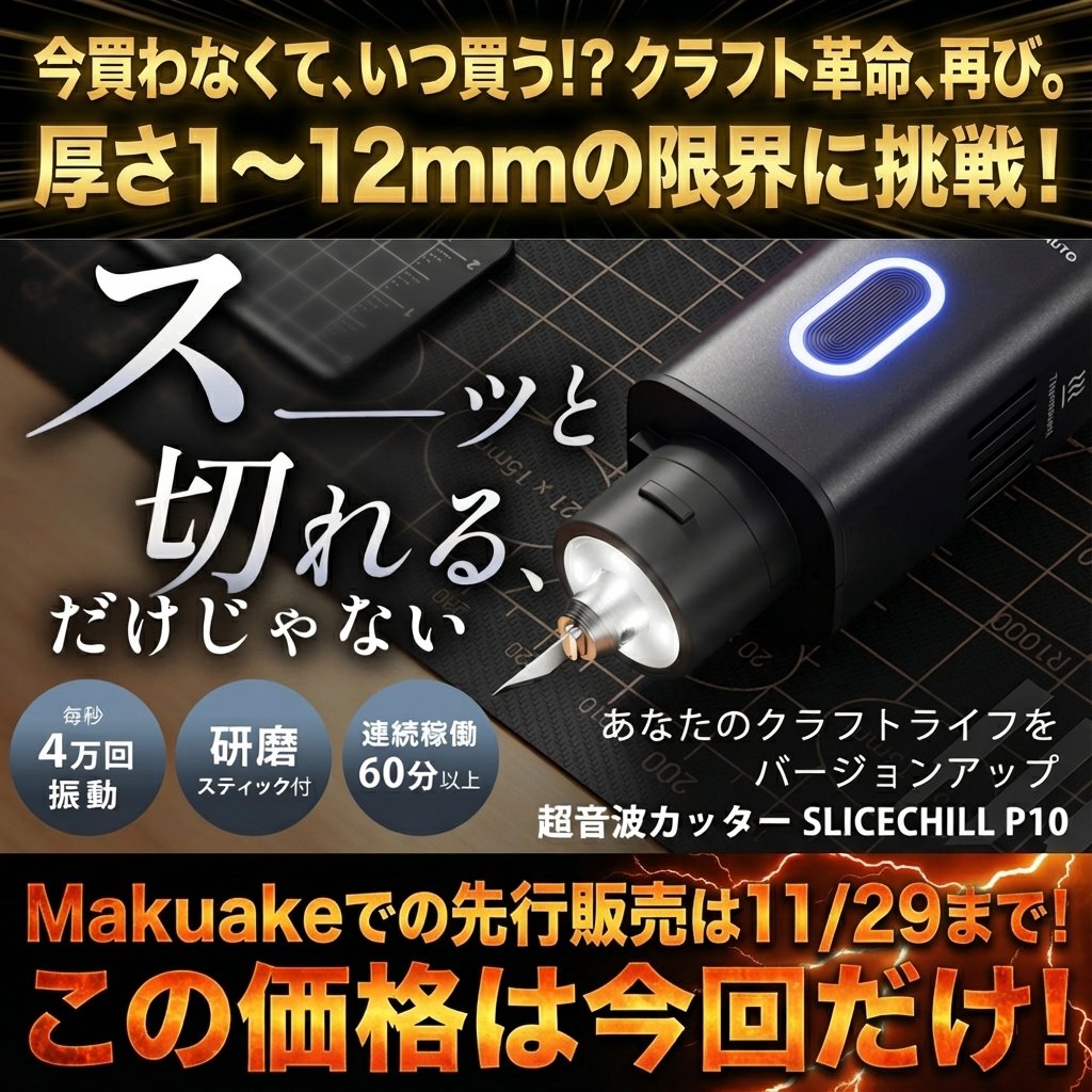 Luna_World35's tweet photo. 今買わなくて、いつ買うの…？
超音波カッターSLICECHILL P10が“今回だけ”の価格で手に入るのは 11/29まで。

木材も革も、ゴリゴリ押さなくても
スーッと入る気持ちいい切れ味。
作業の時短になるし、この気持ちよさ是非味わってほしいです。

👉 Makuakeの先行販売
https://t.co/pcYK7NEv7O

#超音波カッター #SLICECHILL #工具好き #クラフト