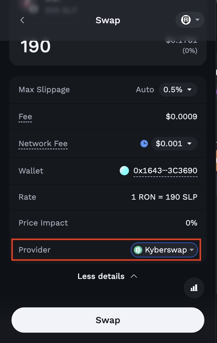 Katana <> SLP Swap Update

We know that some users have had trouble swapping SLP on Katana.

Our teams are working on deploying a fix.

In the meantime, follow these instructions if you need to swap to SLP:

Step 1: Open “Swap” in your Ronin Wallet
Step 2: Enter the amounts and