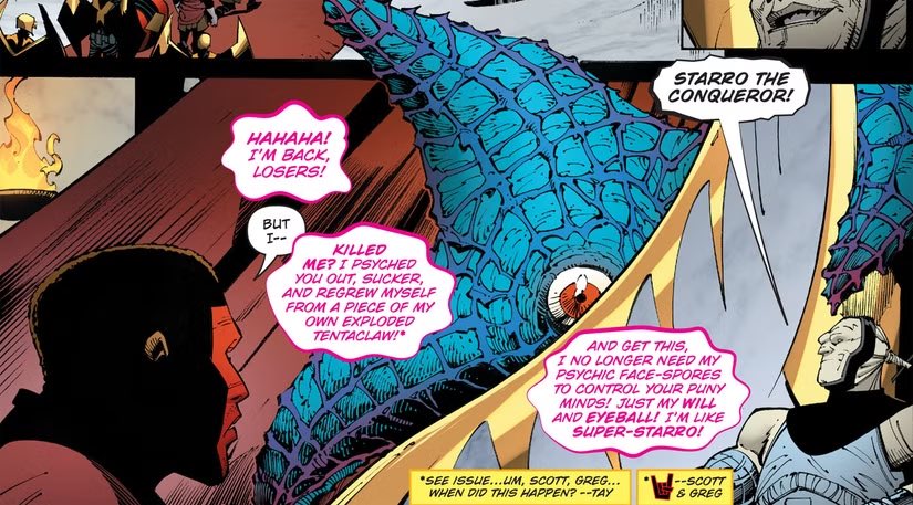 BritneyOfAstora's tweet photo. @Ssnyder1835 Is the Starro in DC K.O. a slightly-grown Jarro? I was convinced this was the case based on his dialogue, but a friend pointed out you wrote Starro similarly in Metal. https://t.co/NUl8n2maSW