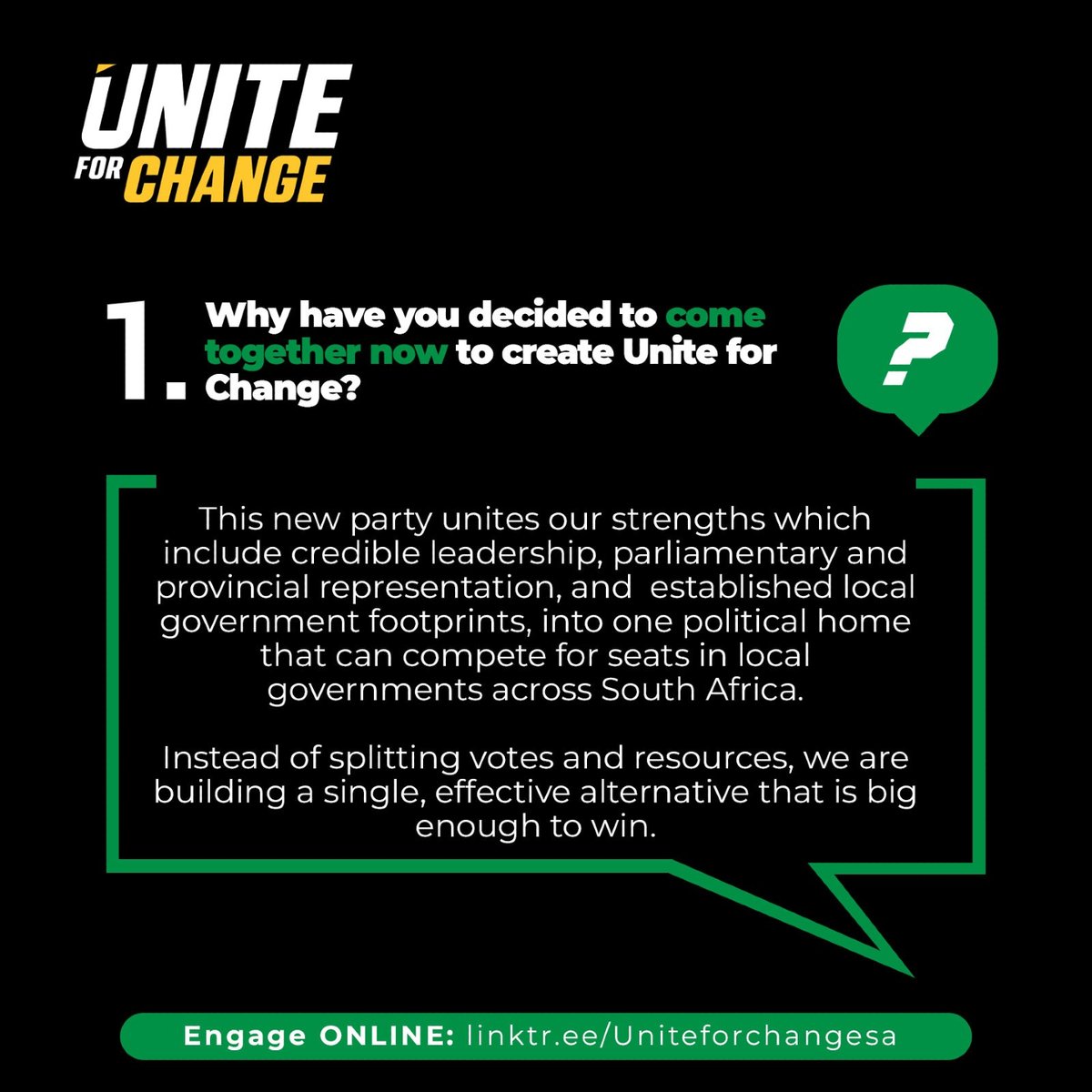 Unite4ChangeZA's tweet image. Unite for Change combines our strengths and stops splitting votes to build a single, effective alternative ready to win seats in local governments across South Africa.

#UniteForChange #PoliticalUnity #SouthAfrica
