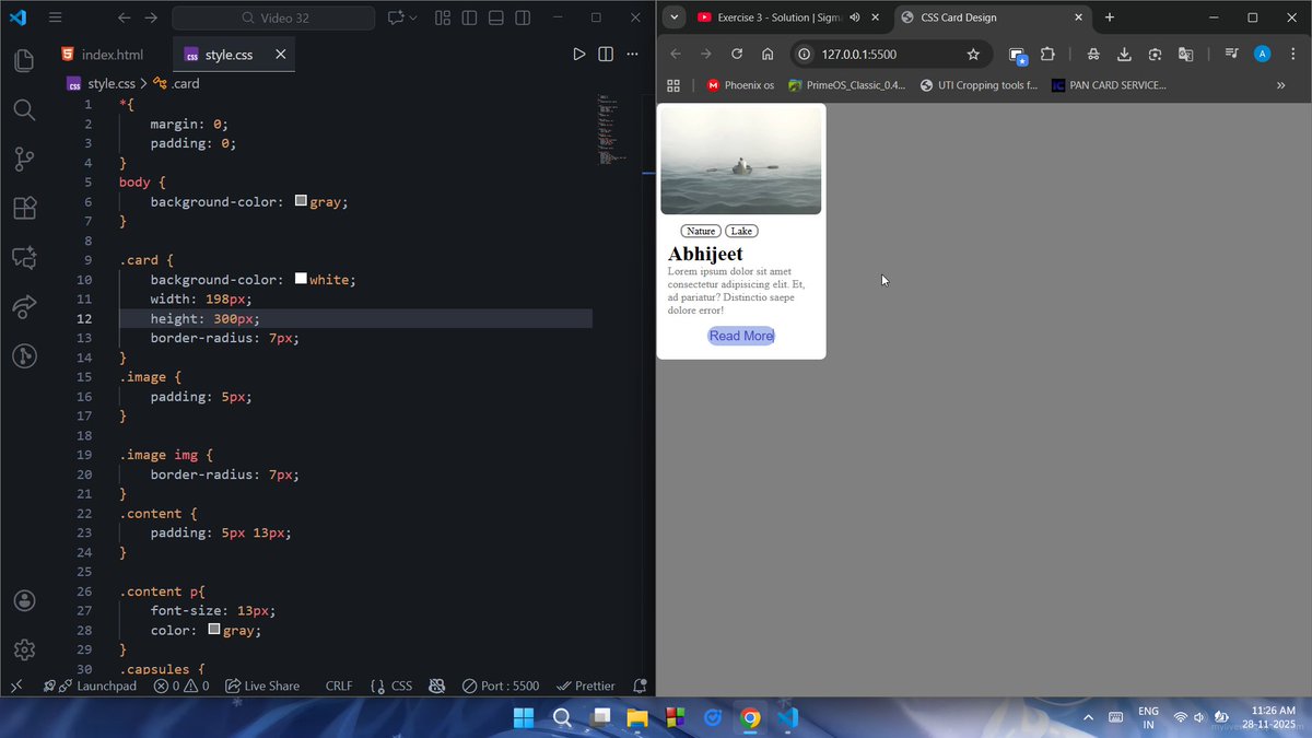 Abhijeetb0's tweet image. 🚀 Day 20/100 - #100DaysOfCode
23-11-2025
What I learnt 👨🏻‍💻 today - 
⭕Web Dev :-
✅ Created the card design again 
✅ Practiced CSS styling with this
#WebDevelopment #letsconnect #LearnInPublic