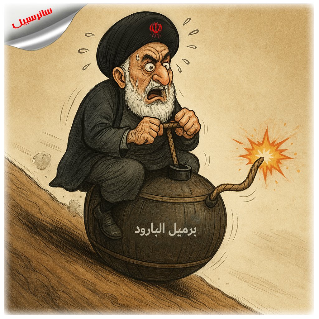 في منحدر السقوط، يجلس خامنئي فوق برميل بارود في وضع انفجاري..
در سراشیب سرنگونی، خامنه‌ای روی بشکه باروت شرایط انفجاری نشسته است..
On the steep slope of downfall, Khamenei is sitting on a powder keg in explosive conditions۰
#انتفاضة_حتى_إسقاط_النظام
<a href="/LinaTaha18/">Lina Taha</a> <a href="/majedalkhalda/">ماجد الخالدي Majed Alkhalde</a>